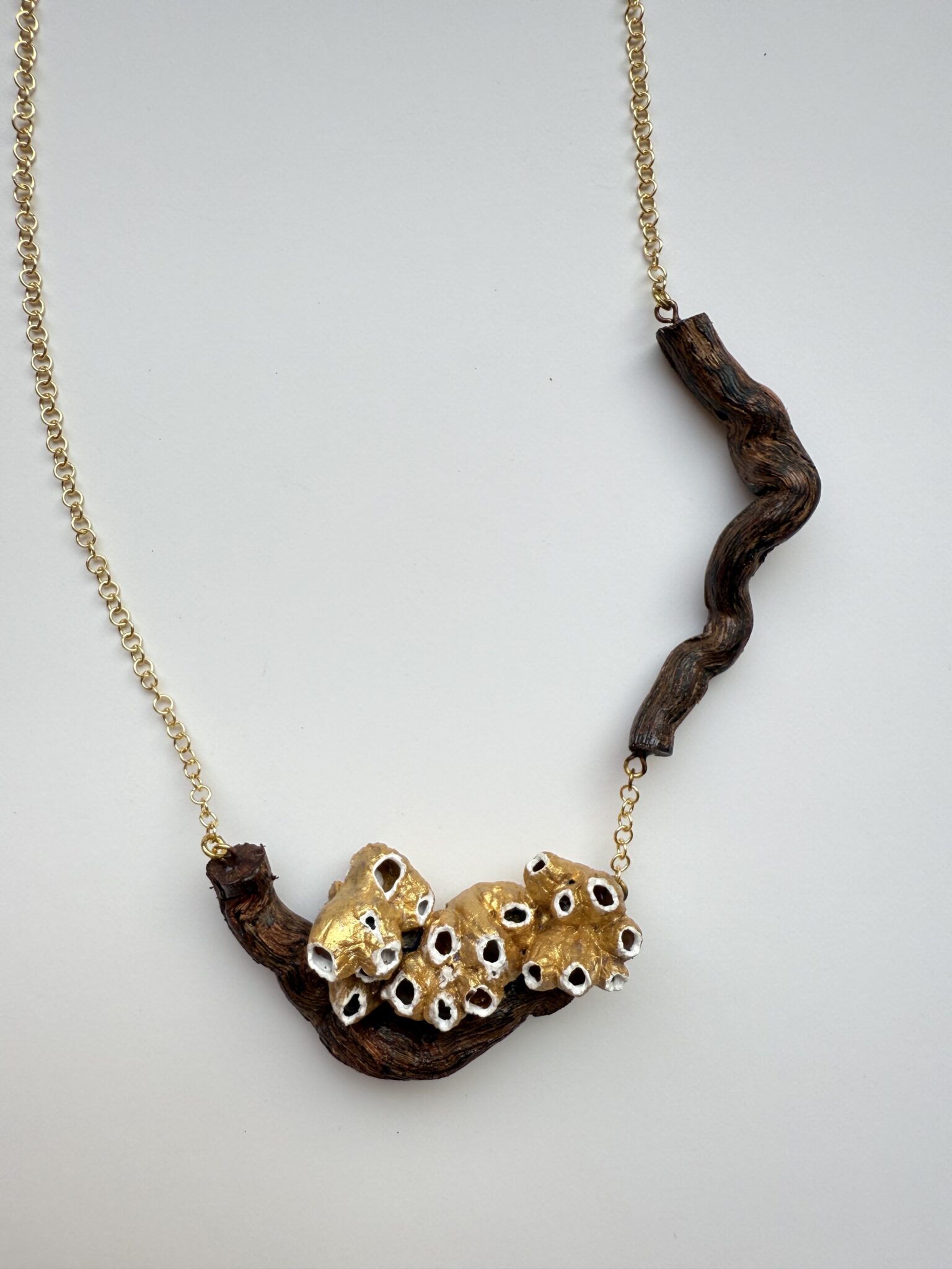 Collar creado a partir de la raiz de una cepa de los viñedos del Penedés seccionada en dos partes que se unen por la misma cadena que sostiene el collar en acero inoxidable bañado en oro de 18 k. Sobre la raiz reposa una familia de barnacles naturales recolectados en las playas del Garraf y pintados en dorado y bocas blancas.