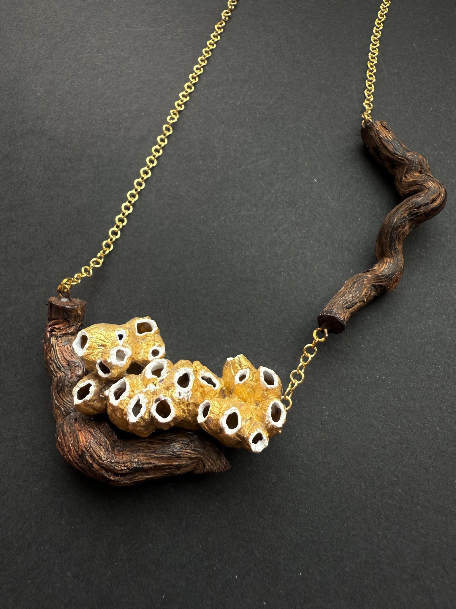 Collar creado a partir de la raiz de una cepa de los viñedos del Penedés seccionada en dos partes que se unen por la misma cadena que sostiene el collar en acero inoxidable bañado en oro de 18 k. Sobre la raiz reposa una familia de barnacles naturales recolectados en las playas del Garraf y pintados en dorado y bocas blancas.