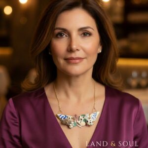 Detalle del collar artesanal “Alma del Mar” con cerámica marina azul, roca perforada, barnacles blancos con bordes dorados y cristal del mar. Joya escultórica hecha a mano por Land and Soul.