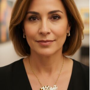 “Collar de 9 cm elaborado con barnacles unidos con resina, piezas de cerámica marina y cristales del mar, sobre cadena dorada – diseño exclusivo Land & Soul.”