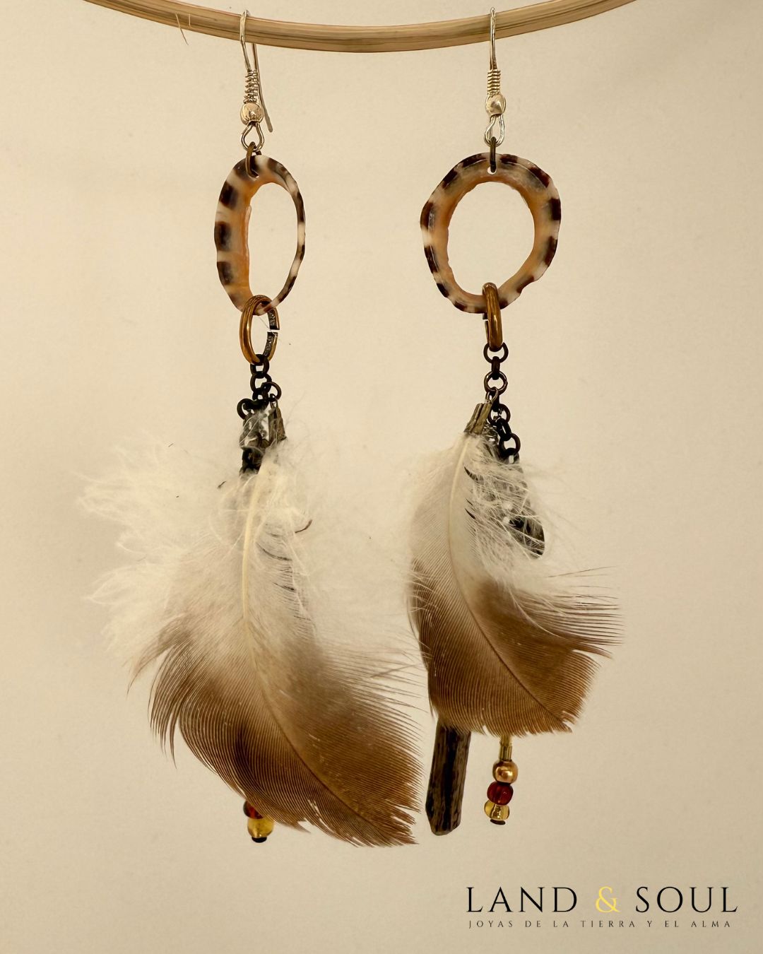 Pendientes de pluma marrón 1 Pendientes de plumas reales naturales, conchas de lapa erosionada y madera del mar