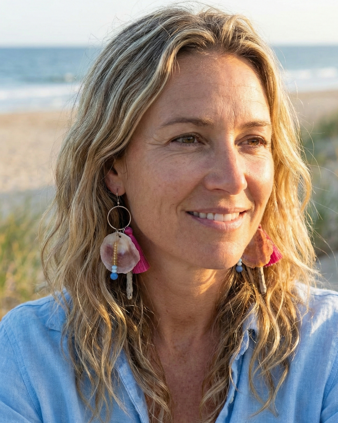 pendientes con nácar color rosa, madera de deriva, pompon y cuentas de cristal pendientes con nácar color rosa, madera de deriva, pompon y cuentas de cristal